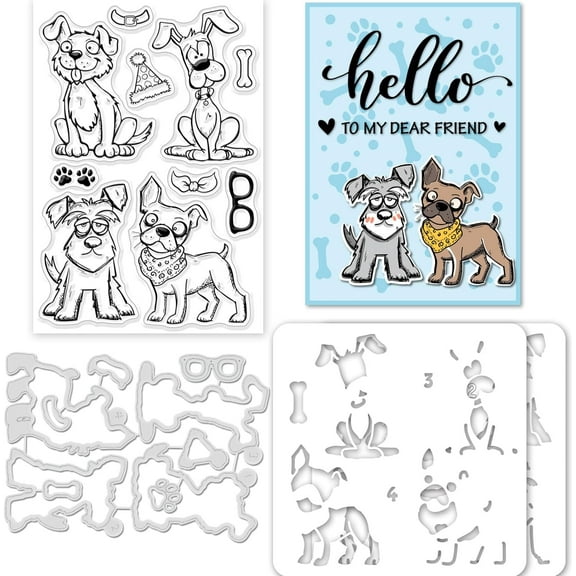 Layered Comic Dog Silicone Clear Stamps Metal Animal Cutting Die Cuts PET Paint Craft Stencils Template for Card Making and DIY Embossing Scrapbooking Craft Decor DIY