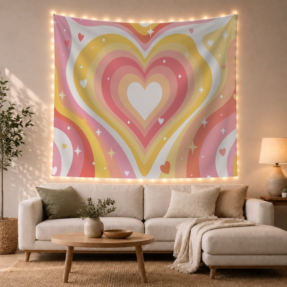 Layered Concentric Heart in Warm Pink and Yellow Gradient Whimsical Digital Art for Teen Girls Aesthetic Bedroom Decor Birthday Gift Tapestry Wall Hanging for Bedroom and Dorm