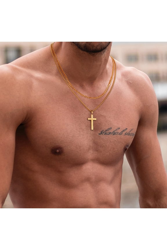Layered Cross 14K White Gold Necklaces for Men, Cuboid Cuban Rope Box Chain Necklaces, Layering Faith Jesus Christ Neck Collar