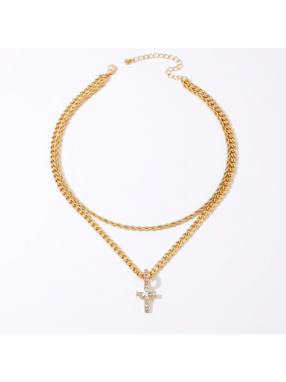 Layered Cross Necklace for Women, Double Layer Cuban Link Chain Necklace, Gold Plated Cross Pendant Jewelry, Fashion Statement Necklace for Party, Prom, Birthday Gift