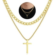 QINGBIN Layered Cross Necklace for Men 14K Gold Silver Stainless Steel Cuban Link Cross Chain Necklace for Men Religious Jewelry Gifts