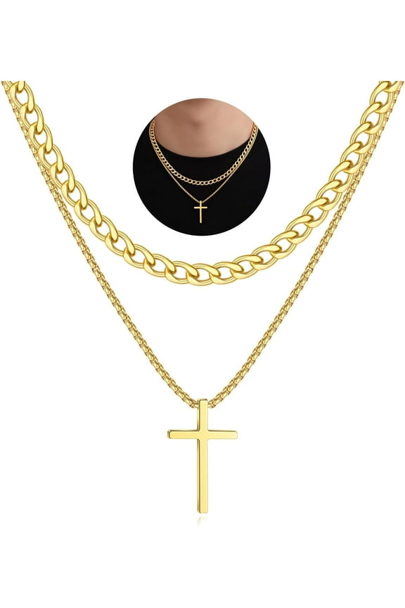 Layered Cross Necklace for Men 14K Gold Silver Stainless Steel Cuban Link Cross Chain Necklace for Men Religious Jewelry Gifts
