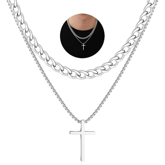 Layered Cross Necklace for Men 14K Gold Silver Stainless Steel Cuban Link Cross Chain Necklace for Men Religious Jewelry Gifts
