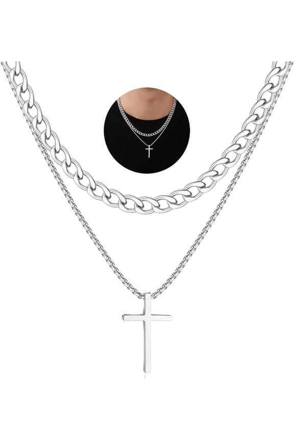 Layered Cross Necklace for Men 14K Gold Silver Stainless Steel Cuban Link Cross Chain Necklace for Men Religious Jewelry Gifts