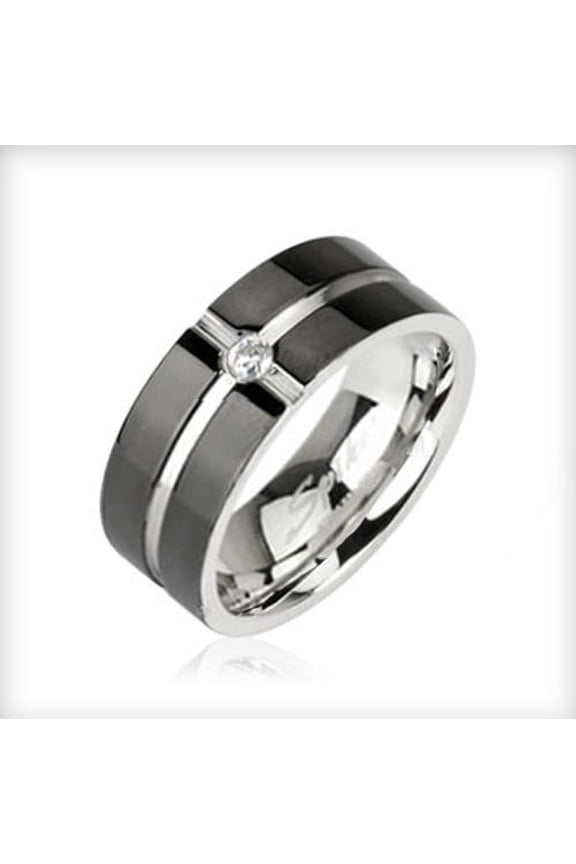Layered Crossing Black IP with CZ Center 316L Surgical Stainless Steel Ring (SIZE: 11)