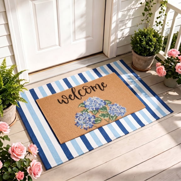 Layered Doormat Set 27.5x43.3 and 17x30 Blue White Striped and Floral Welcome Mat Farmhouse Entryway Porch Indoor Outdoor