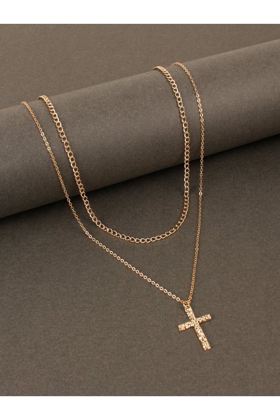 Layered Double Chain Cross Pendant Necklace In Yellow Gold