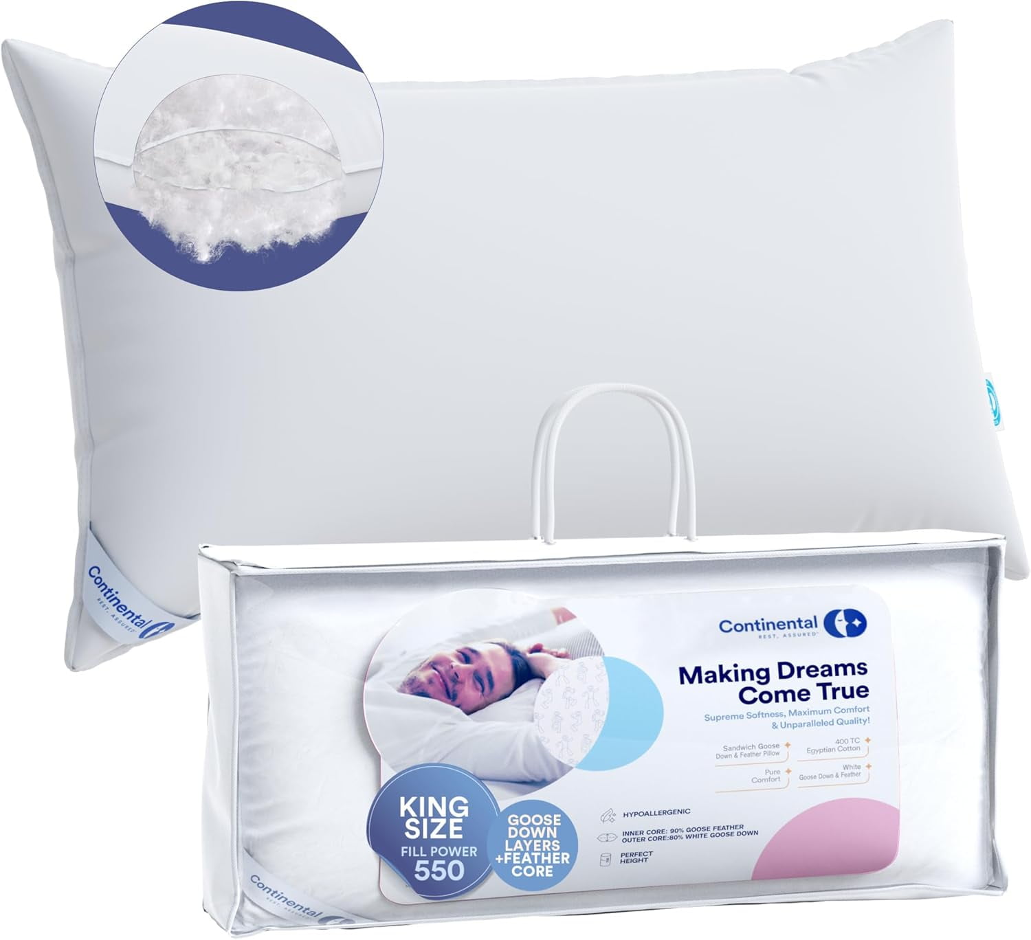 King Size White Goose Down and Feather Pillow