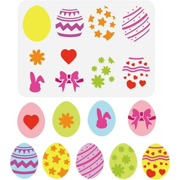 Layered Easter Eggs Painting Stencil 8.3x11.7inch Reusable Easter Bunny Pattern Drawing Template DIY Art Flower Bow Love Heart Decor Stencil for Painting on Wood Wall Fabric Furniture