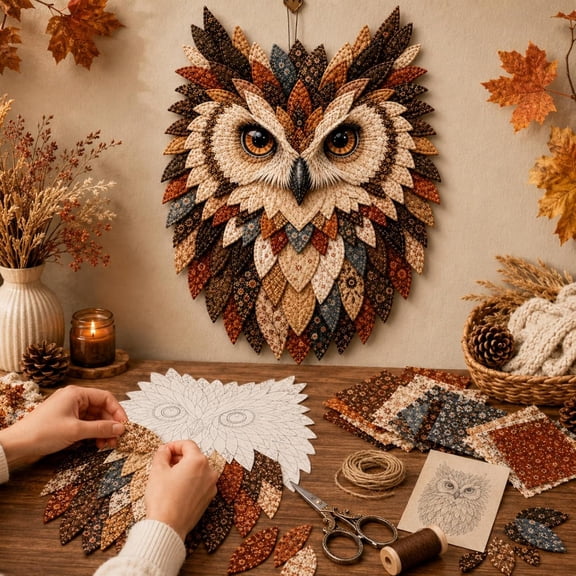 Layered Fabric Owl Wall Art DIY Kit, Beginner 3D Patchwork Craft | Create textured owl wall art with layered fabric feathersa relaxing DIY craft and unique gift for bird lovers