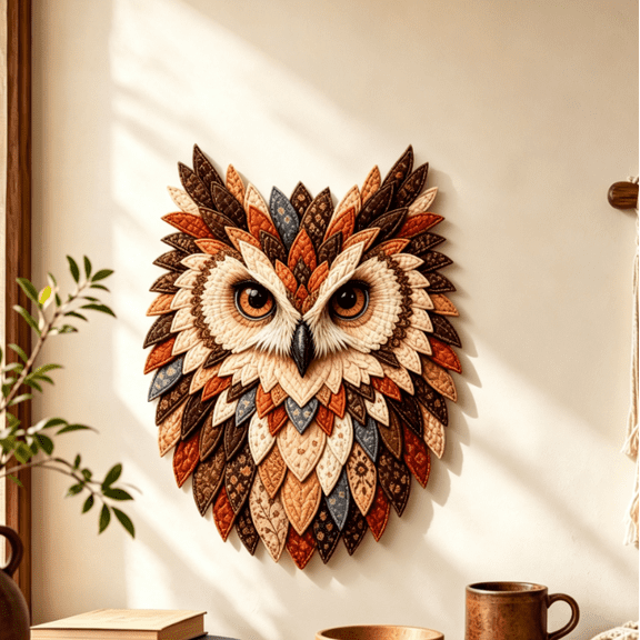 Layered Fabric Owl Wall Art DIY Kit, Textile Craft Kit with Fabric Feathers, Handmade Owl Decor Gift (Rustic owl)