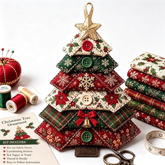 Layered Fabric Tree Ornament DIY Sewing Kit,DIY Quilted Christmas Tree Kit, Seasonal Patchwork Style, Handmade Craft With Buttons, Holiday Home Tabletop Decor