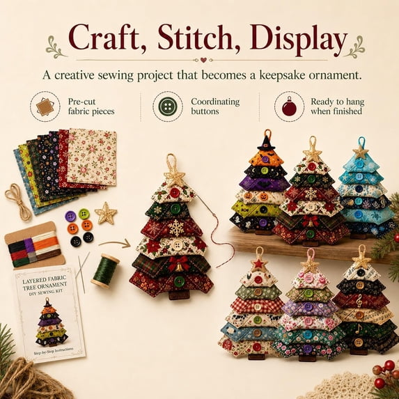 Layered Fabric Tree Ornament DIY Sewing Kit, DIY Quilted Christmas Tree Kit