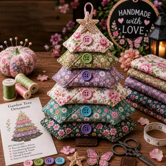 Layered Fabric Tree Ornament DIY Sewing Kit with Button & Hanging,8 Inch Christmas Tree Handmade Decor for Beginner Friendly Gift