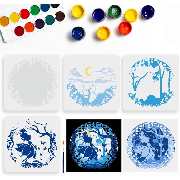 Layered Fairy Stencil Set of 4 11.8x11.8 Inch Large Moon Forest Fantasy Template with Butterfly Tree Design Reusable for DIY Craft on Canvas Furniture Wall Art Colorful
