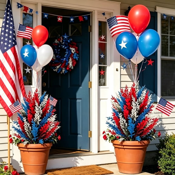 Layered Faux Fern Foliage, 4th of July Decorations, Weatherproof Ground Insert Ornament, Reusable Patriotic Plant Decor, Foliage Stake for Independence Day Yard Balcony Decor, 45cm/17.71in