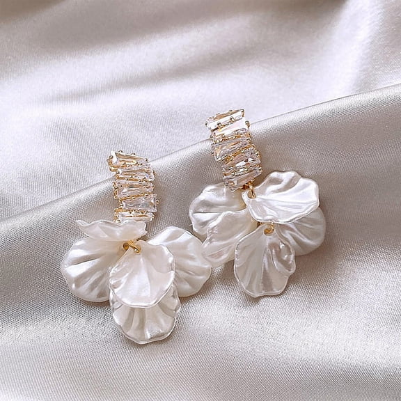 Layered Floral Drop Earrings, Clear Cubic Zirconia, Ivory Acrylic Petals, Anniversary Gifts for Wife, Valentines Day Gifts for Her, 1 Pair