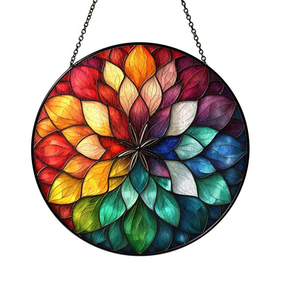 Layered Floral Rosette Stained Glass Wall Hanging with Symmetrical Botanical Design