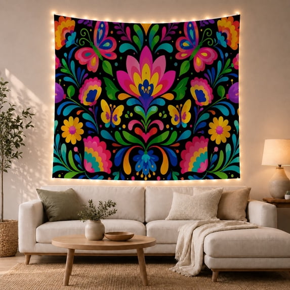 Layered Flower and Butterflies in a Mirrored Garden, Playful Folk Art for Nature Lovers, Floral Wall Art, Housewarming Gift, Tapestry Wall Hanging for Bedroom and Living Room