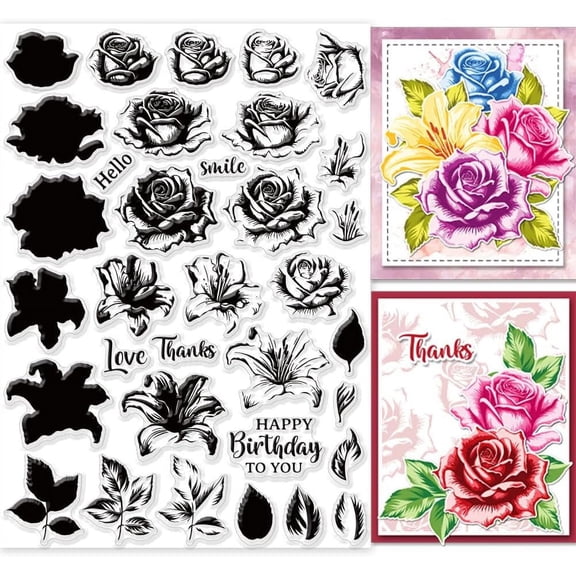 Layered Flower Clear Stamps for Cards Making Roses Layered Lilies Layered Silicone Clear Stamp Seals 8.3x11.7inch Transparent Stamps for DIY Scrapbooking Photo Album Journal Home Decoration
