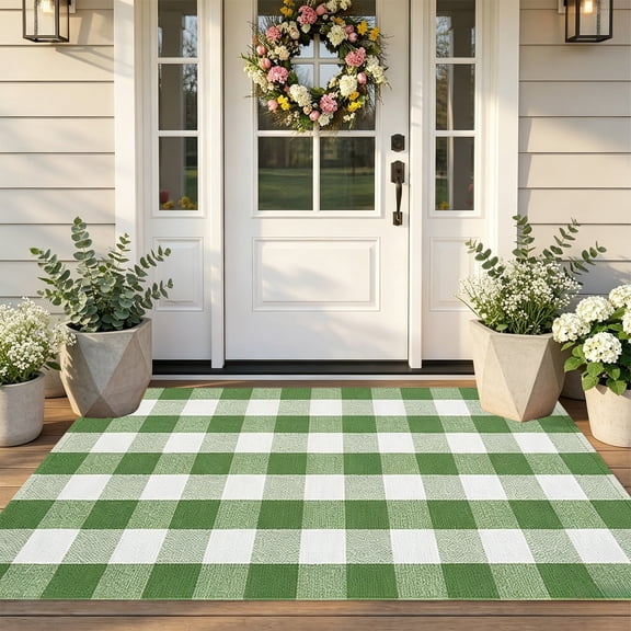 Layered Front Porch Mat Buffalo Check Woven Rug Cotton Blend Farmhouse Entryway Carpet For Indoor Outdoor Decor Green 23.6x15.7 Inch