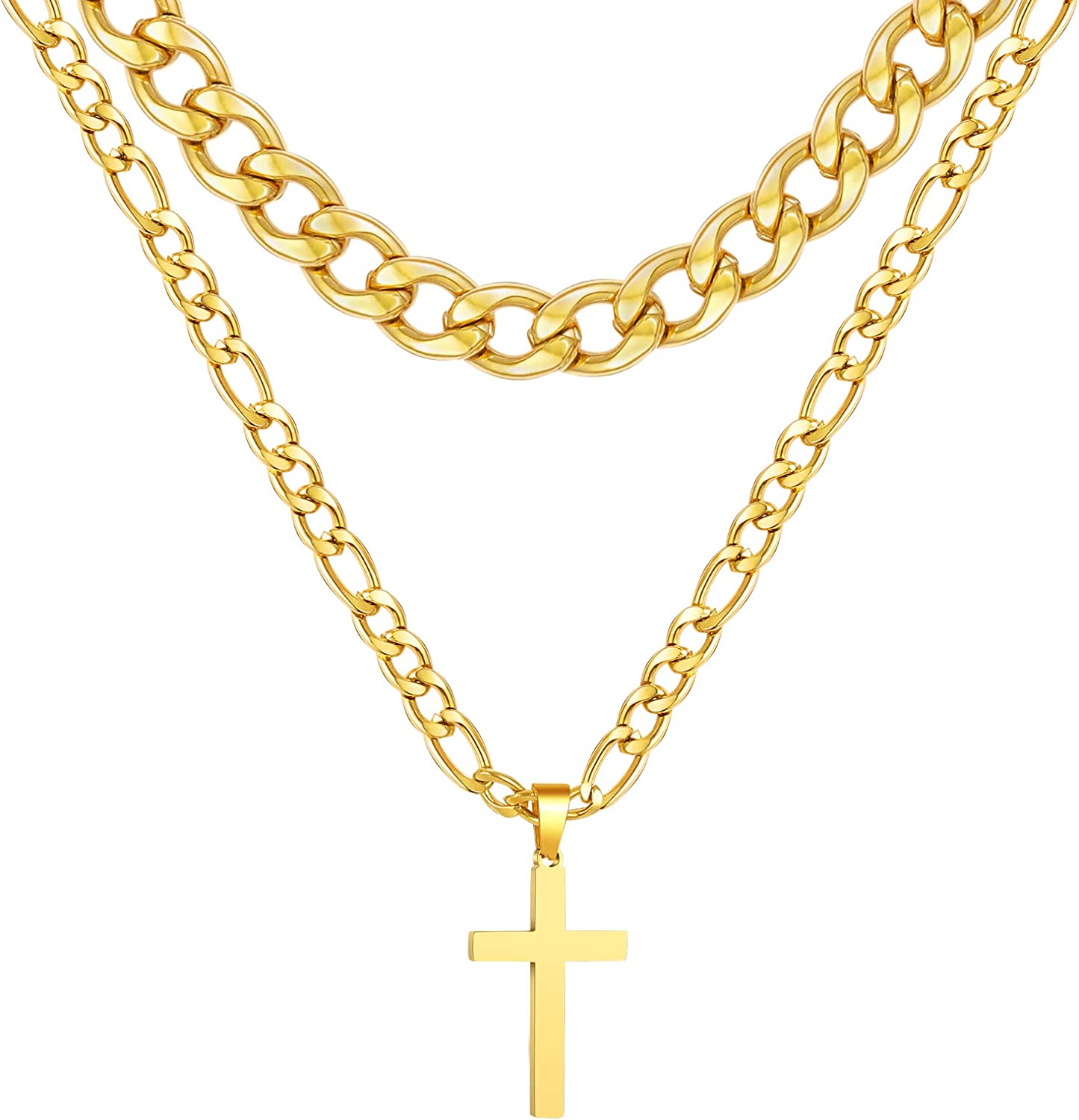 Layered Gold Cross Necklace For Men Boys Stainless Steel Cuban Figaro