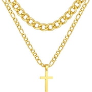 APSVO Layered Gold Cross Necklaces for Men Boys Stainless Steel Cuban Figaro Pendant Chain Set Religious Christian Birthday Christmas Jewelry Gifts Teen Dad Adults Stocking Stuffers for Kids