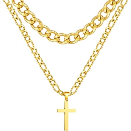 APSVO Layered Gold Cross Necklaces for Men Boys Stainless Steel Cuban Figaro Pendant Chain Set Religious Christian Birthday Valentines Day Jewelry Gifts Him Teen Dad Boyfriend Adults Kids Ideas
