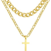 APSVO Layered Gold Cross Necklaces for Men Stainless Steel Cuban Curb Link Figaro Pendant Chain Necklaces Set Graduation Father's Day Jewelry Gifts Ideas Dad Husband Son Teen Teenage Age