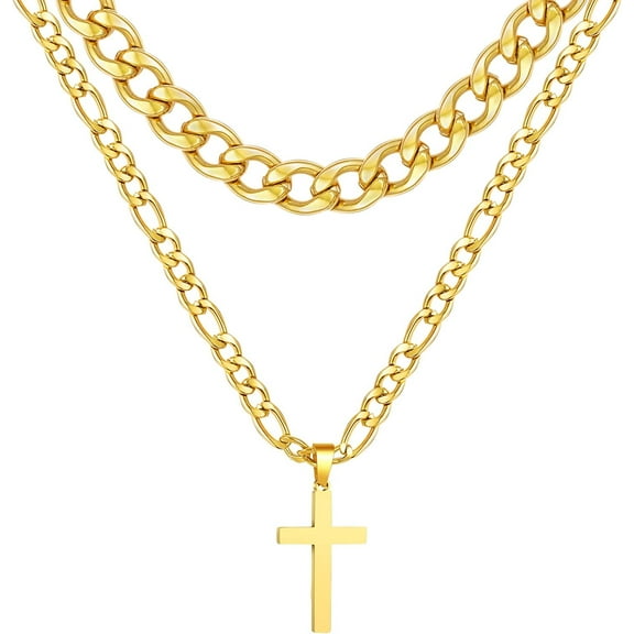 APSVO Layered Gold Cross Necklaces for Men Stainless Steel Cuban Curb Link Figaro Pendant Chain Necklaces Set Graduation Father's Day Jewelry Gifts Ideas Dad Husband Son Teen Teenage Age
