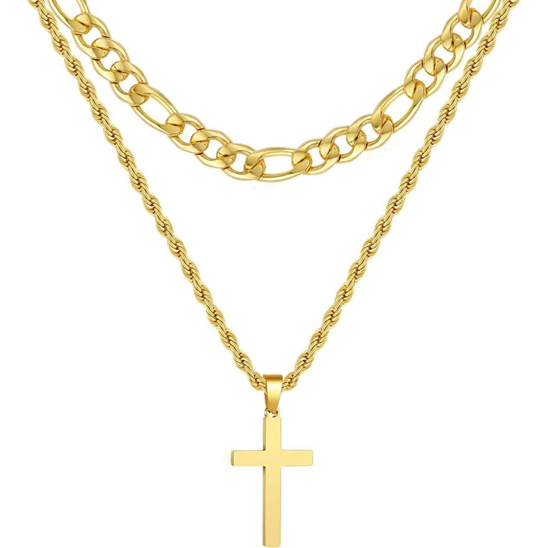 APSVO Layered Gold Cross Necklaces for Men Boys Stainless Steel