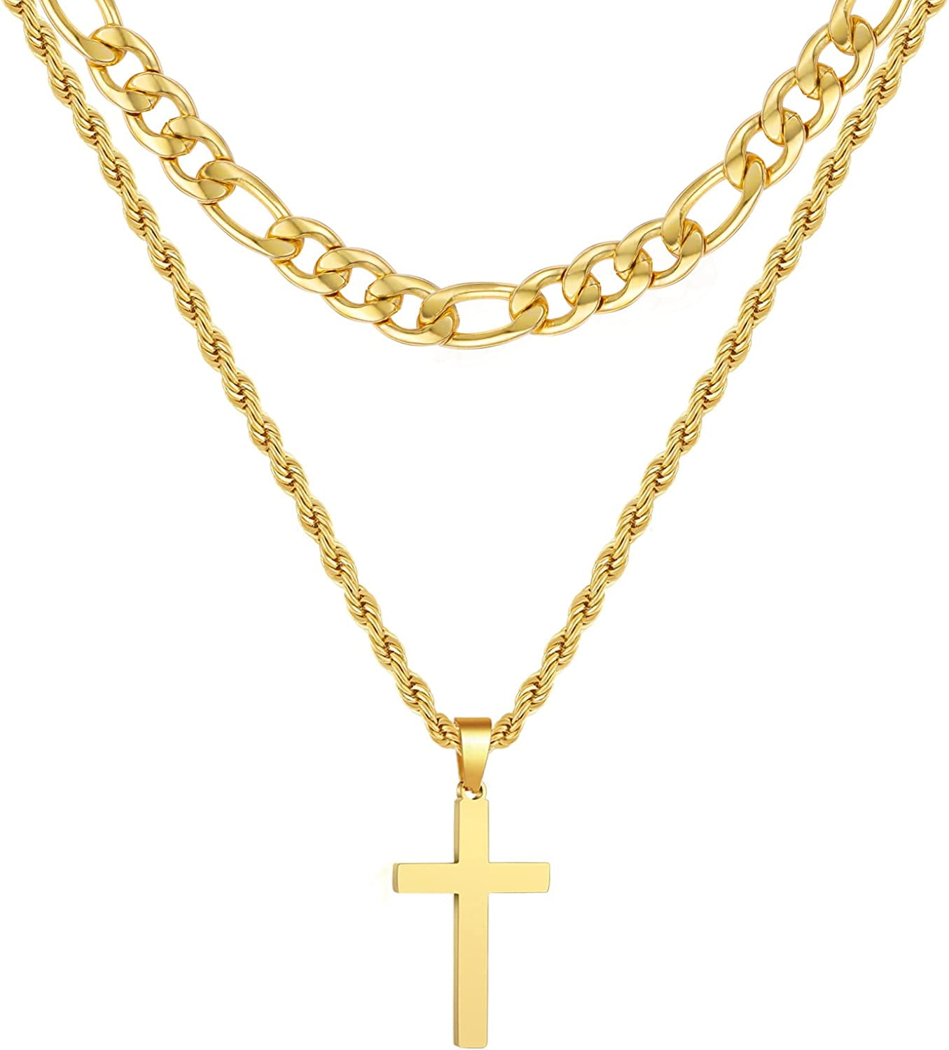 Layered Gold Cross Necklace for Men Boyfriend Son Dad Husband Brother Adult Male Young Stainless Steel Layered Figaro Twist Rope Chains Cross Pendant