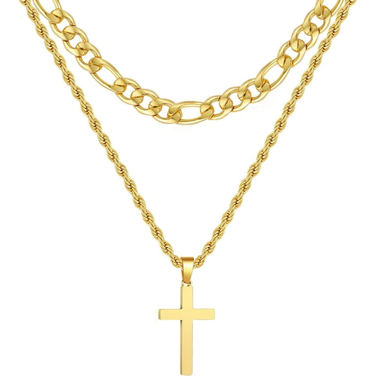 Layered Gold Cross Necklace for Men Stainless Steel Layered Figaro
