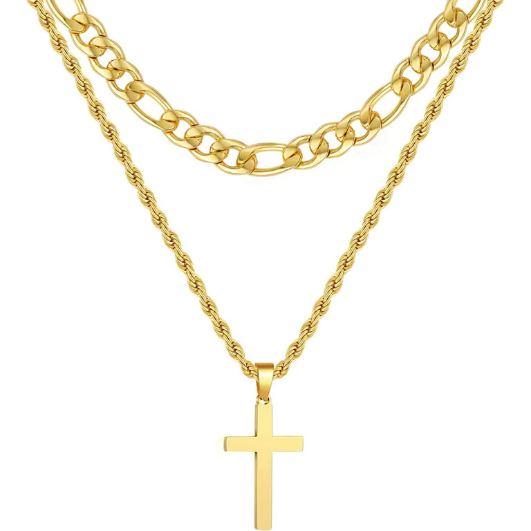 SET OF 2 NECKLACES One Rope Chain Necklace and One Cross Necklace Necklace  Set for Men Gold Stainless Steel Rope Chain and Gold Cross 