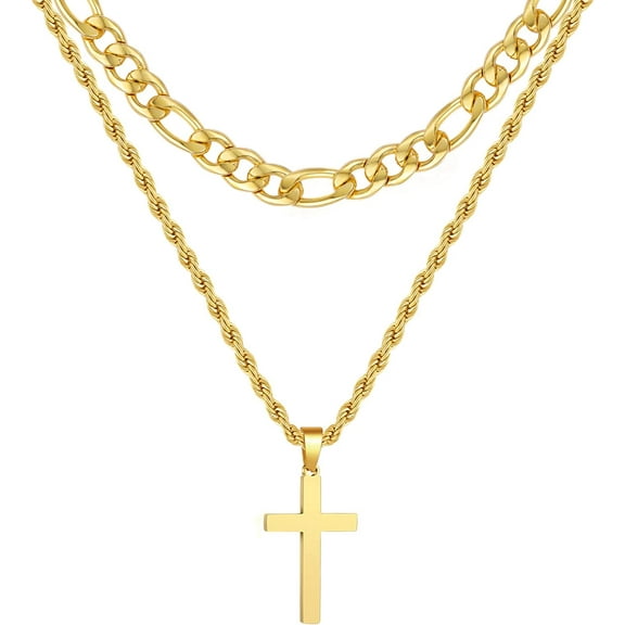APSVO Layered Gold Cross Necklaces for Men Boys Stainless Steel Figaro Twist Rope Pendant Chain Set Religious Christian Birthday Valentines Day Jewelry Gifts Him Teen Dad Husband Adults Kids Ideas