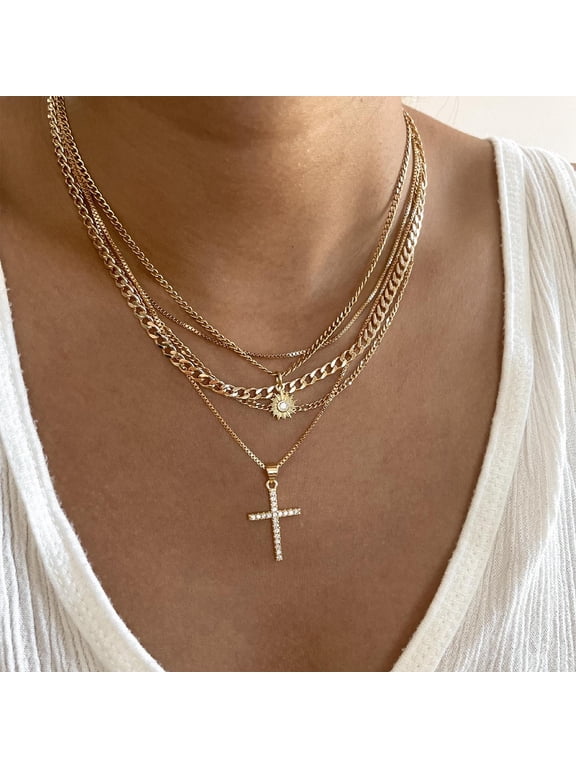 Layered Gold Cross Necklaces for Women, Stack Stackable Chunky 14K Gold Plated Cubic Zirconia Pendant Necklace Set Dainty Choker Layering Necklaces for Women Faith Jewelry Religious Gift