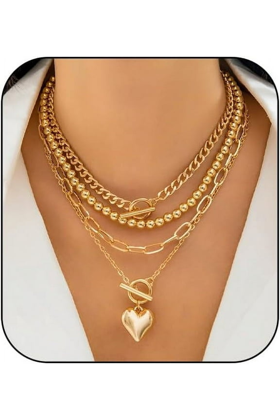 Layered Gold Necklaces for Women Chunky 18K Gold Necklace Stack Layered Cuban Paperclip Snake Chain Necklace Retro Coin Dainty Pendant Toggle Clasp Necklace