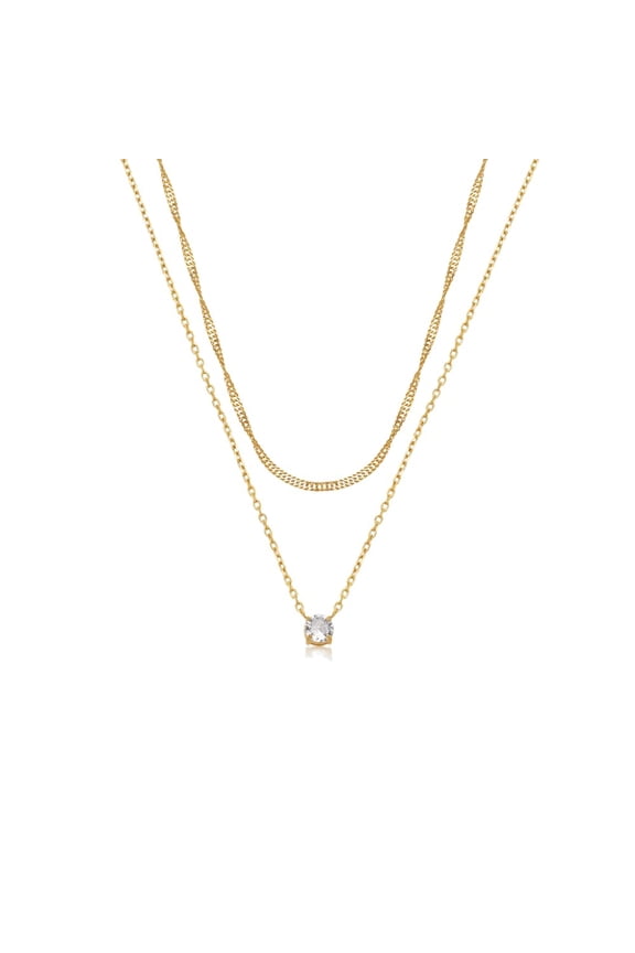 Layered Gold Necklaces for Women - Gold Plated Set 14.5" & 16.5" + 2" Extension with Small Round Faux Diamond Pendant, Trendy CZ Diamond Solitaire Necklace for Women with Lobster Clasp
