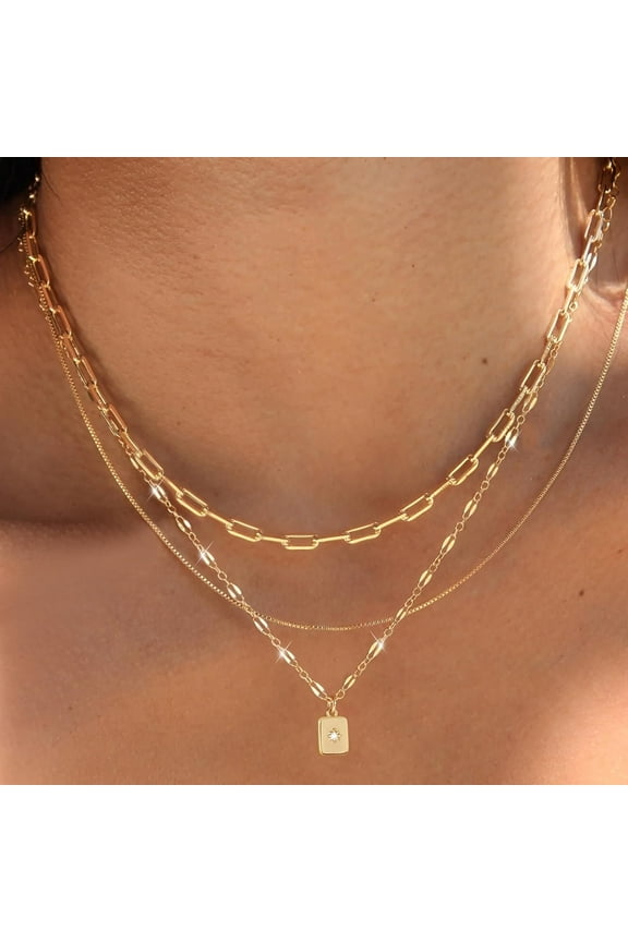 Layered Gold Necklaces for Women Trendy, 3 Pcs 14K Gold Plated Choker Paperclip Box Chain Necklace, Stackable Women's Gold Pendant Necklaces Jewelry Set
