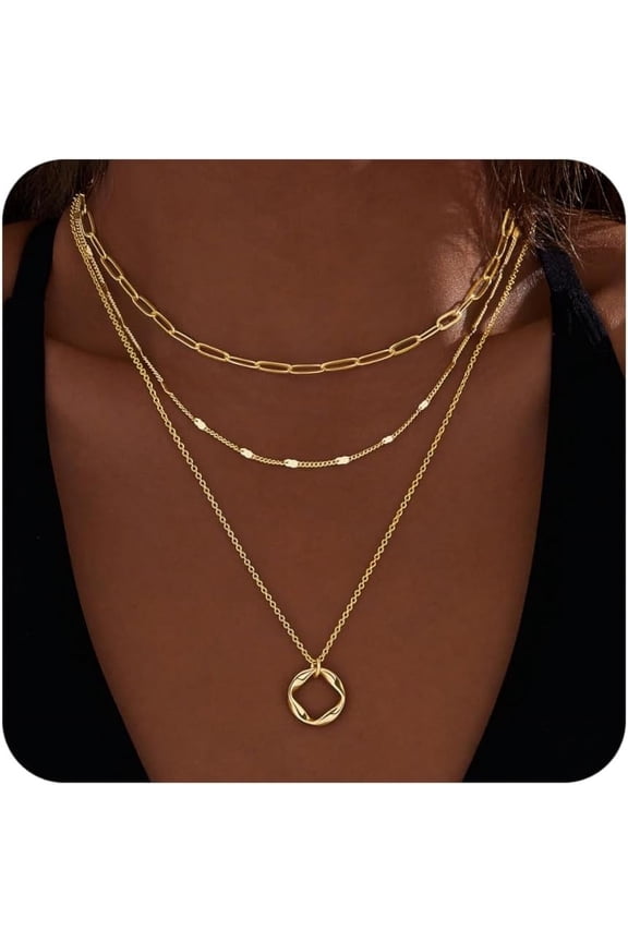 Layered Gold Necklaces for Women,Stackable Dainty 14K Gold Silver Plated Trendy Circle Paperclip Chain Pendant Choker Necklace Gifts for Women