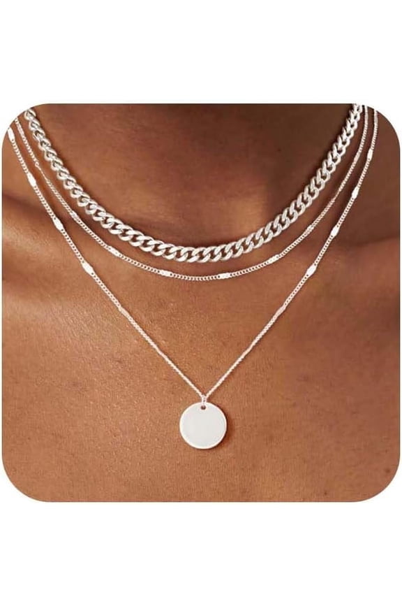 Layered Gold Silver Necklaces for Women, Stackable Stack 14K Real Gold Plated Silver Chain Necklace Diamond Circle CZ Layering Pendant Necklaces Trendy Gold Jewelry Set