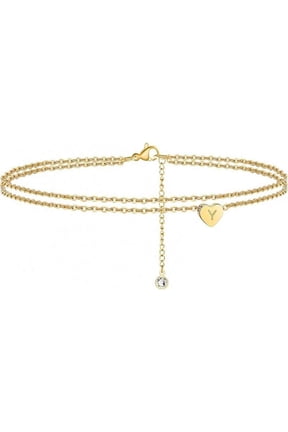 Layered Goldtone Heart Initial Ankle Bracelet With Crystal Charm - Y