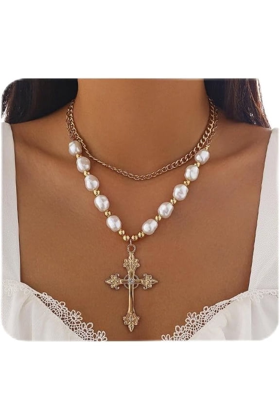 Layered Gothic Gold Silver Plated Big Cross Pendant Necklaces,Stackable Baroque Pearl Beaded Necklace Trendy Party Jewelry Accessories Gifts for Women