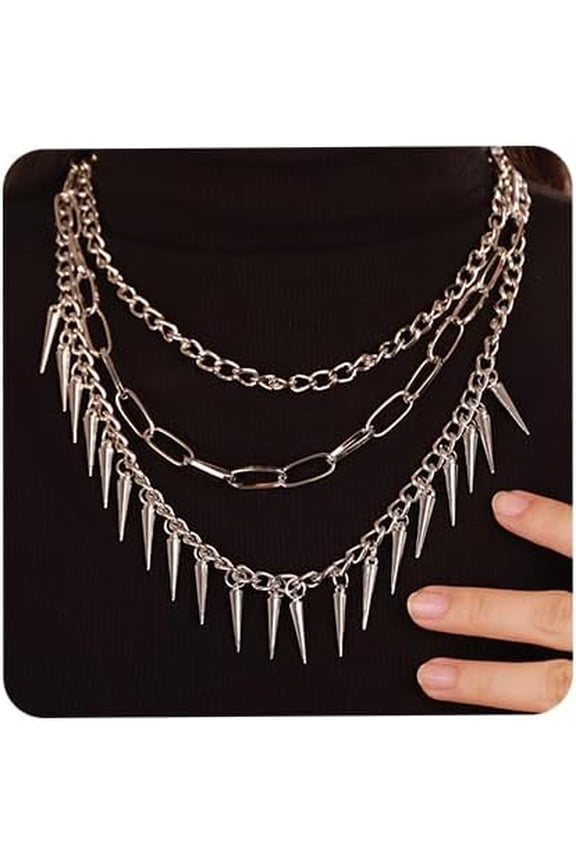 Layered Gothic Silver Link Chains Necklace Punk Choker Rock Collar Spike Rivet Studded Pendant Festival Hiphop Jewelry for Women