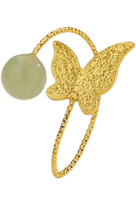 Layered Green Jade Hammered Butterfly Rings for Women Silver Gold-Toned Adjustable Round Stone Animals Twisted Stacking Statement Open Band Finger Ring Comfirm Fit Vintage Lucky Wedding Party Jewelry