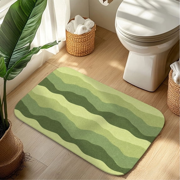 Layered Green Wavy Plush Flannel Bath Rug 16x24 Inches, Quick Dry Absorbent Non Slip Mat for Bathroom Sink Tub