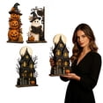 thumbnail image 1 of Layered Halloween Haunted House & Character Figurine Collection, Lighted Halloween Village Scene Decoration with Ghost Pumpkin Witch LED Lights, Tabletop Home Decor for Mantel Shelf Party Display, 1 of 7