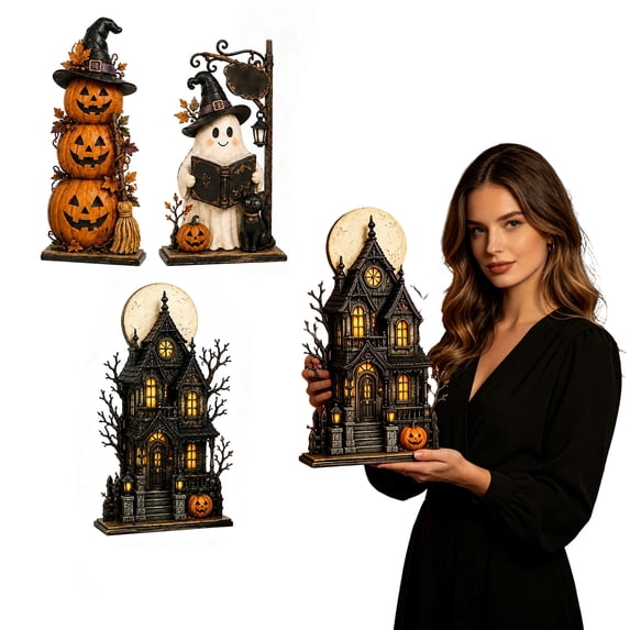 Layered Halloween Haunted House & Character Figurine Collection, Lighted Halloween Village Scene Decoration with Ghost Pumpkin Witch LED Lights, Tabletop Home Decor for Mantel Shelf Party Display