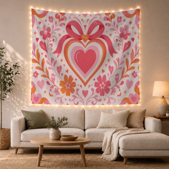 Layered Heart Beneath a Pink Bow and Floral Vines, Romantic Folk Art for Heart Art Lovers, Botanical Decor, Bridal Shower Gift, Tapestry Wall Hanging for Bedroom and Studio