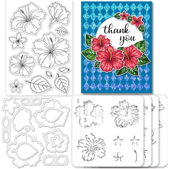 Layered Hibiscus Theme Silicone Clear Stamps Metal Layering Hibiscus Cutting Die Cuts Pet Craft Stencils Template for Card Making and DIY Embossing Scrapbooking Craft Decor